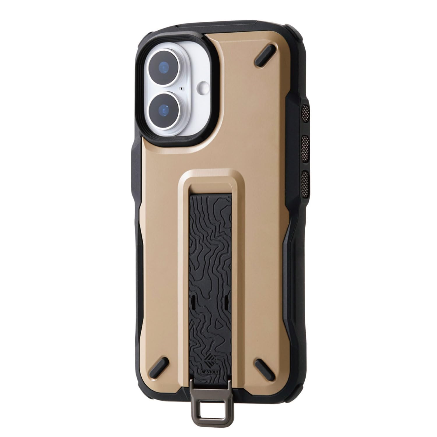 エレコム iPhone 16 ケース NESTOUT 耐衝撃 衝撃吸収 [リュックのショルダーベルトに装着可能] フィンガーバンド付き スタンド機能 ストラップホール付き アウトドア サンドベージュ