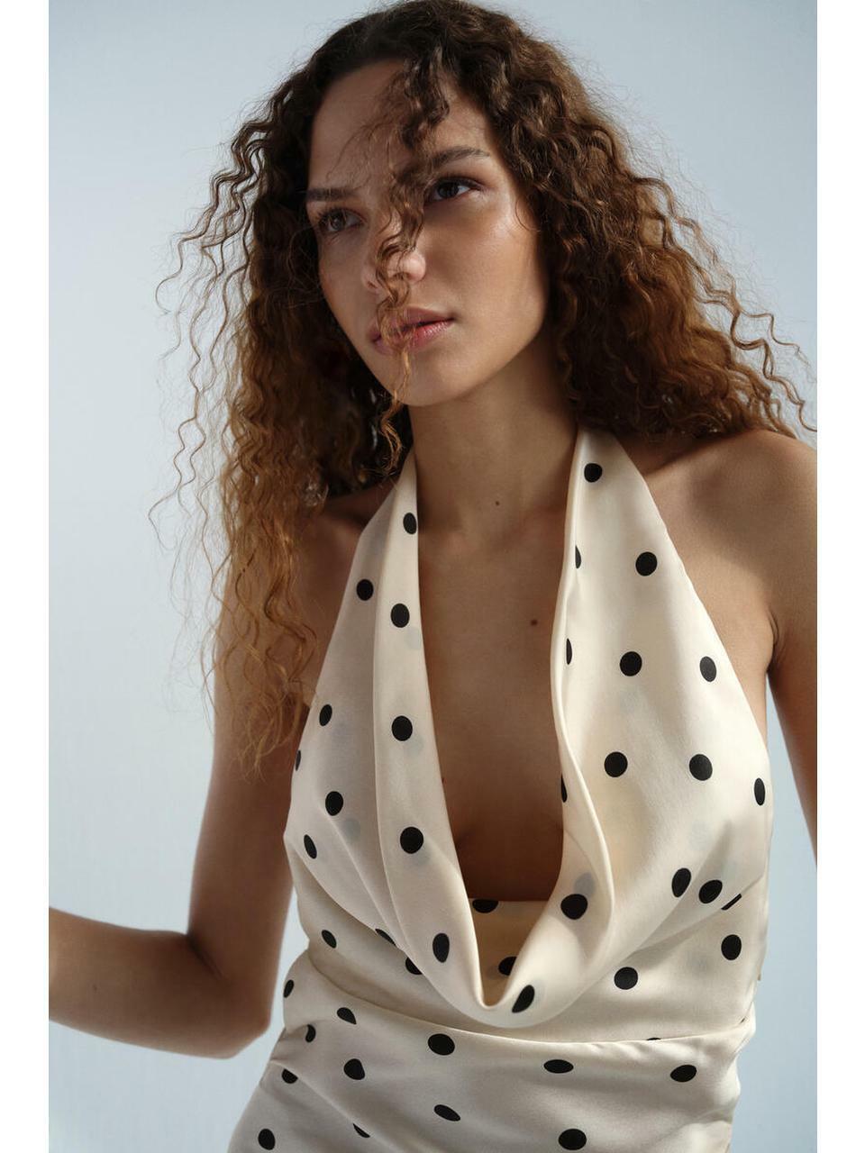 H&M ホルターネックサテンドレスライトベージュポルカドット 1323758001