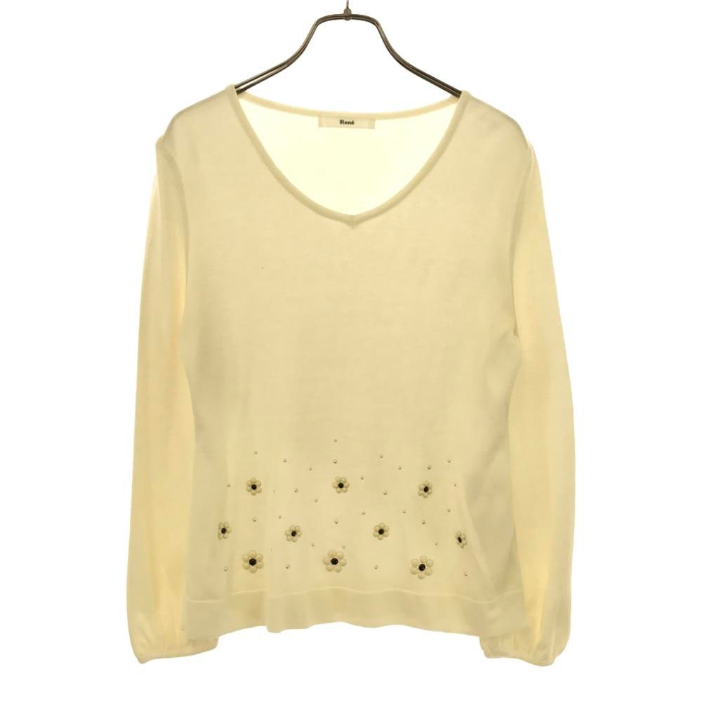 ルネ 日本製 長袖 バルーン袖 Vネック セーター 36 ホワイト系 Rene ニット ビジュー レディース