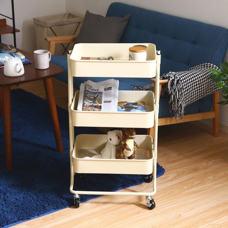 キッチンワゴン おしゃれ 3段バスケット キャスター付き 北欧 幅45×奥行32×高さ78.5cm アイボリー