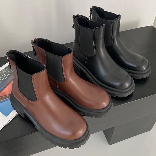 ショートブーツ ワークブーツ サイドゴア トラックソール レディース ミドルヒール 黒 茶色