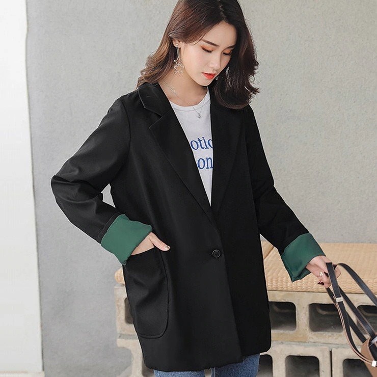 大きいサイズ レディース テーラードジャケット ブレザー 黒 配色 ブラック 春 新入荷 ネコポス