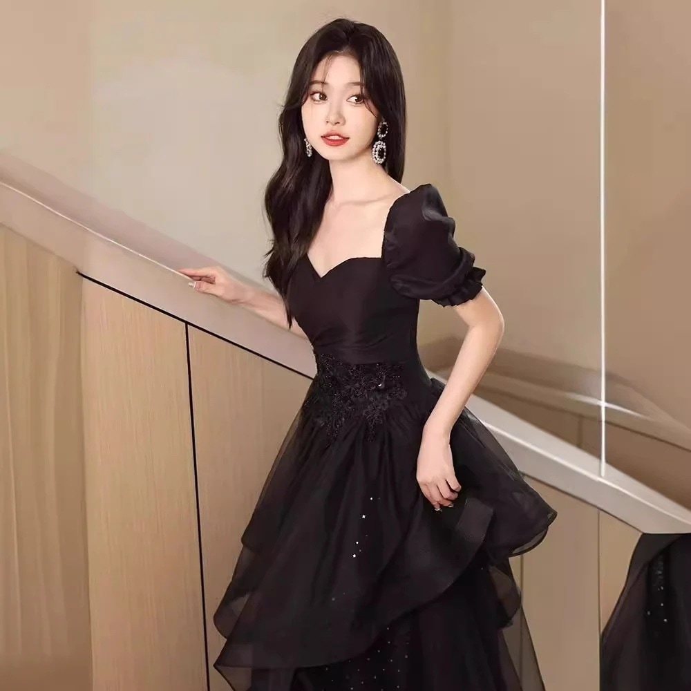 半袖黒ドレス宴会気質ホスト成人式女性ロングスカート
