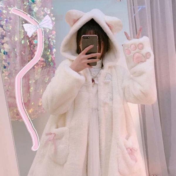送 料 無 料！もふもふコート 猫耳 肉球 ボアコート ふわふわ もこもこパーカー かわいい 長袖 フード付き アウター オーバーサイズ ゆったり フリーサイズ ネコ耳 白い