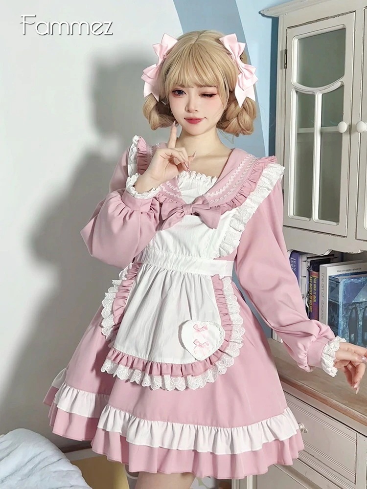ロリータ コスプレ 可愛いセーラー服 COS メイドエプロンセット ネイビーネック 長袖 ロリータドレス