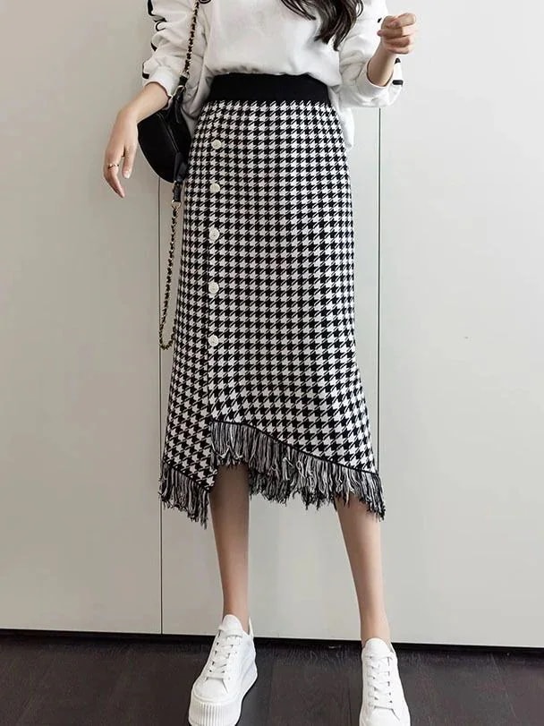 マキシスカート 千鳥格子毛糸ニットスカート秋冬ファッションフリンジバッグヒップスカートミディアムハイウエストa字ロングスカート