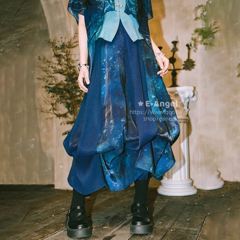 ロングスカート 2way 夏 チャイナ風スカート ボトムス Aライン/バルーンスカート 合わせやすい ブルー