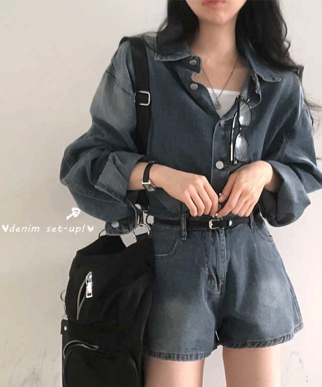 [2color/デニムツーピース]ヴィンテージ ウォッシングデニム シャツ+ショートパンツ セットアップ