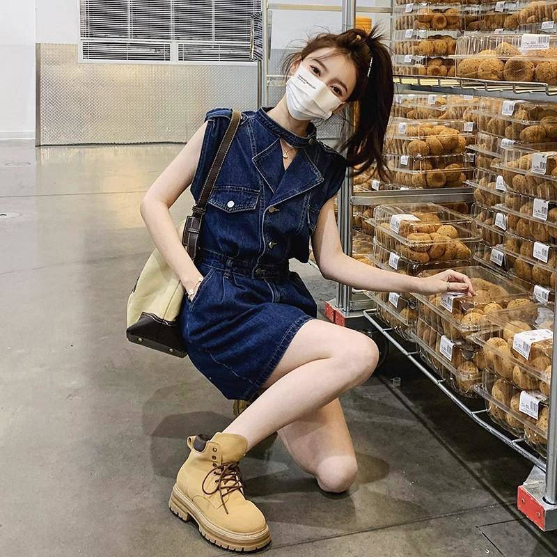 新品入荷 デニムドレス 女性 2025 年夏新しい レトロシック スカート リーブショートスカート