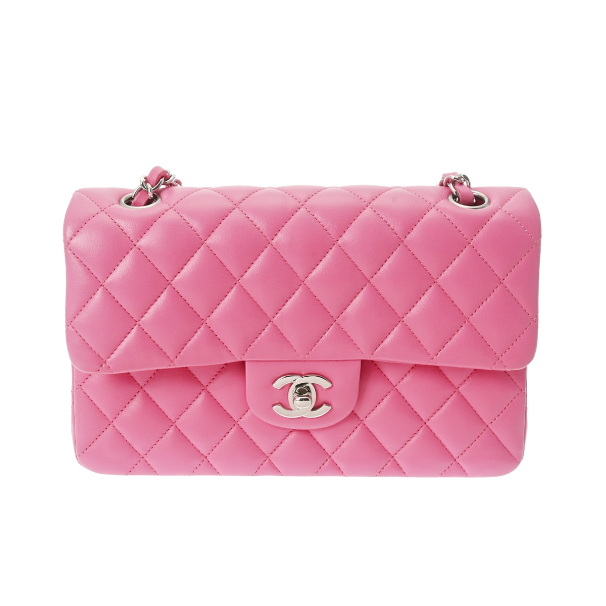 マトラッセ チェーンショルダー 23cm Wフラップ ピンク レディース ラムスキン ショルダーバッグ Aランク 中古 銀蔵