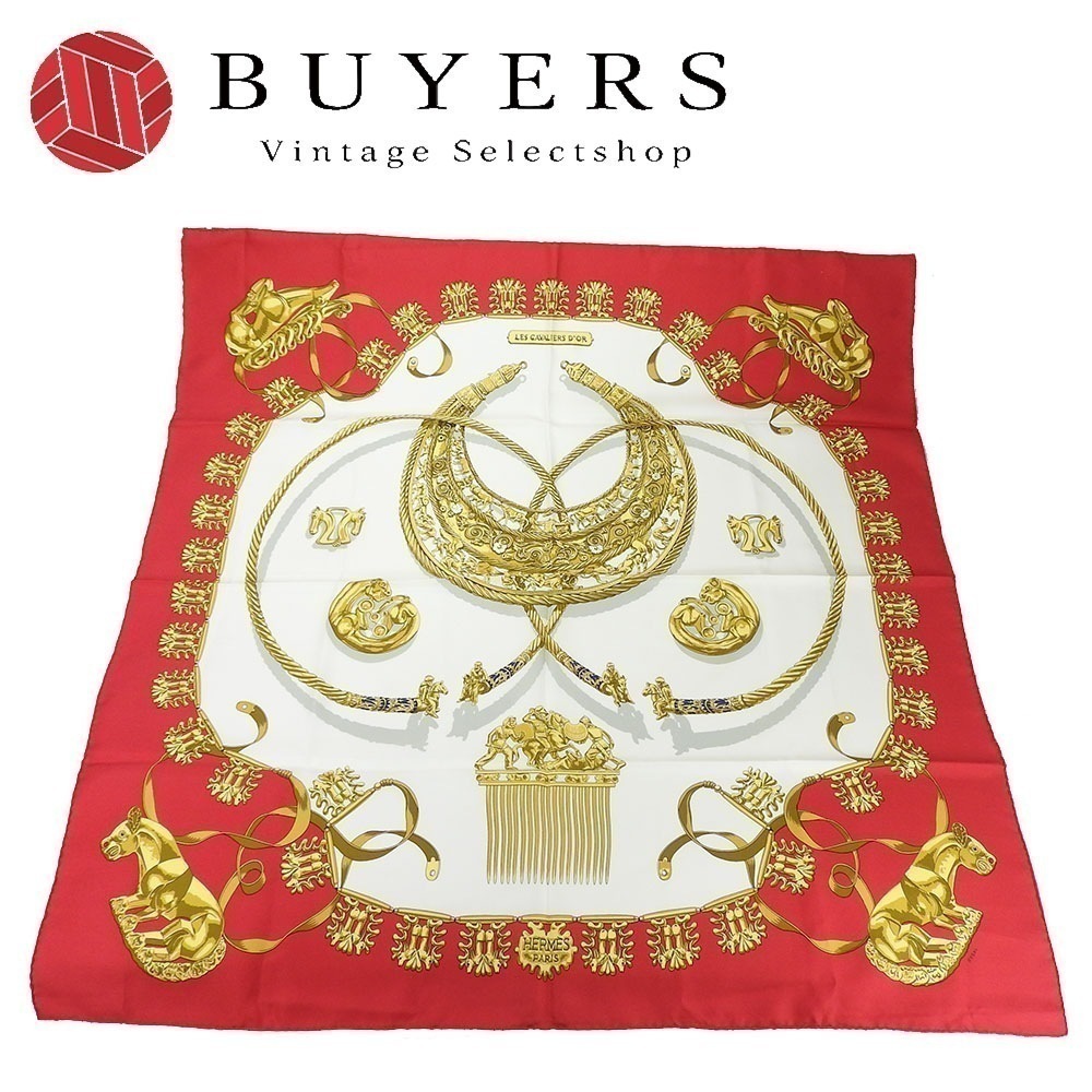 中古 エルメス スカーフ カレ90 シルク100％ LES CAVALIERS D OR 黄金の騎士 レッド ホワイト レディース 女性 HERMES CARRE90 scarf silk red