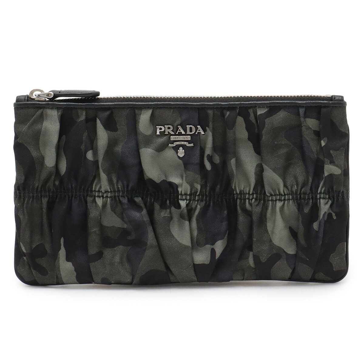 ギャザー ポーチ 小物入れ クラッチバッグ 迷彩柄 カモフラージュ ナイロン レザー FUMO グリーン系マルチカラー シルバー金具 1M115