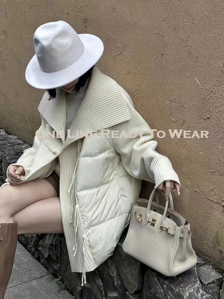 異素材MIXダウンジャケット ニットステッチ タッセルバックル ダウンジャケット ホワイトダックダウン ダウンコート ジャケット コート アウター レディース ルーズ モード系 大人上品