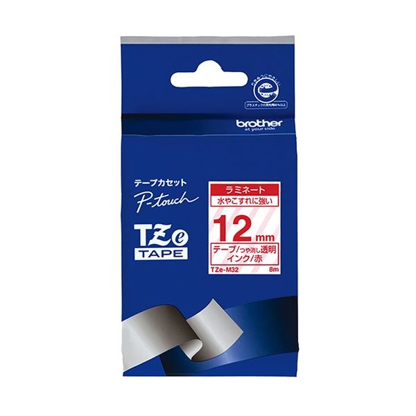 (まとめ) ブラザー ピータッチ TZeテープ(マットテープ) 12mm つや消し 透明/赤文字 TZE-M32 1個 (×5セット)