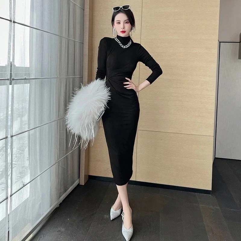 【JY.上品】 秋 ピュアデザイア ロング スリムフィット スリム シワ ハイネック 長袖 ボトムス ワンピース フォーマル パーティードレス 同窓会 結婚式 披露宴 卒業式 演奏会 二次会