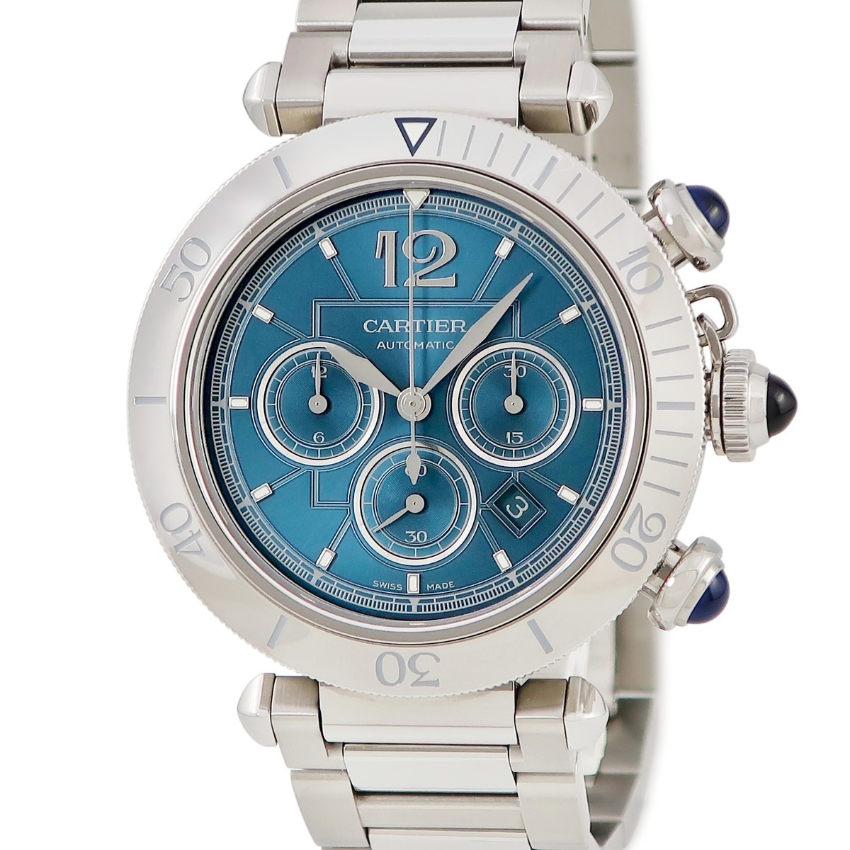 パシャ ドゥ カルティエ WSPA0039 自動巻き メンズ ダークシアン クロノグラフ デイト 逆回転防止ベゼル 3年保証