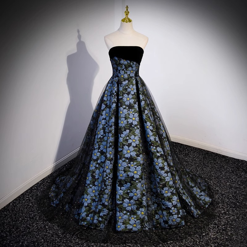 パーティードレス ナイトドレス レディース 黒青 花柄 オフショルダー ロング丈 高級感 綺麗 韓国風 フォーマル ウェディングドレス ワンピース 二次会 高校生 卒業式 結婚式 成人式 演奏会