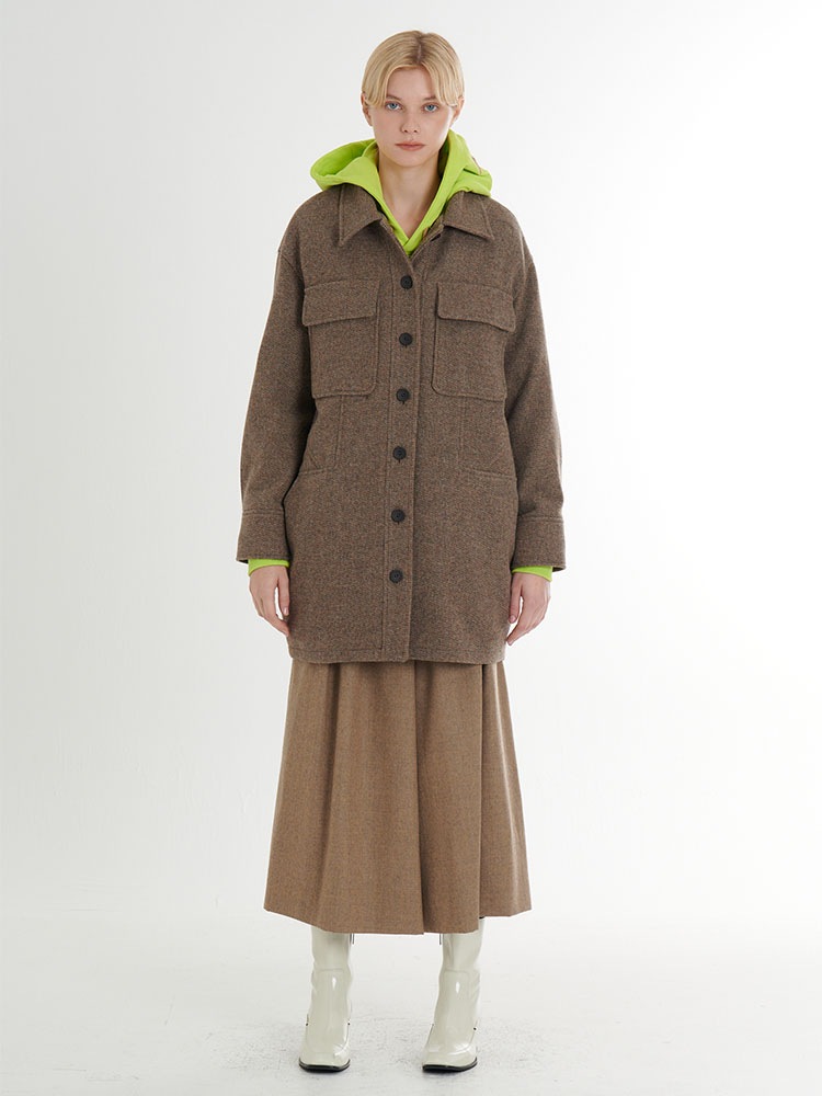 울 트위드 롱 루즈핏 셔츠 구조적인 자켓_연카키브라운