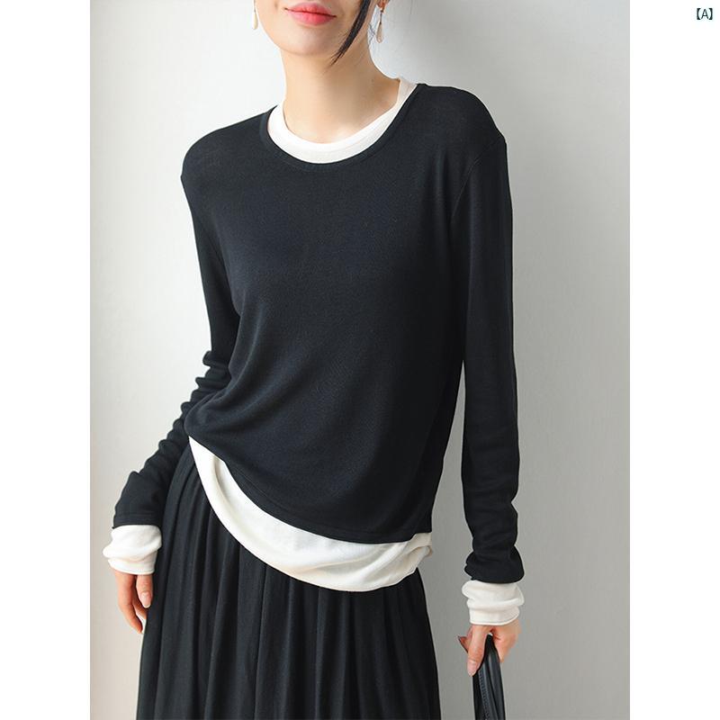 レディース ファッション　レディース　カジュアル　上品　綺麗　外出 ラウンドネック テンセル 長袖 ボトムス 夏 薄手 フェイク 2点 カラーマッチング プルオーバー 日焼け防止 Tシャツ