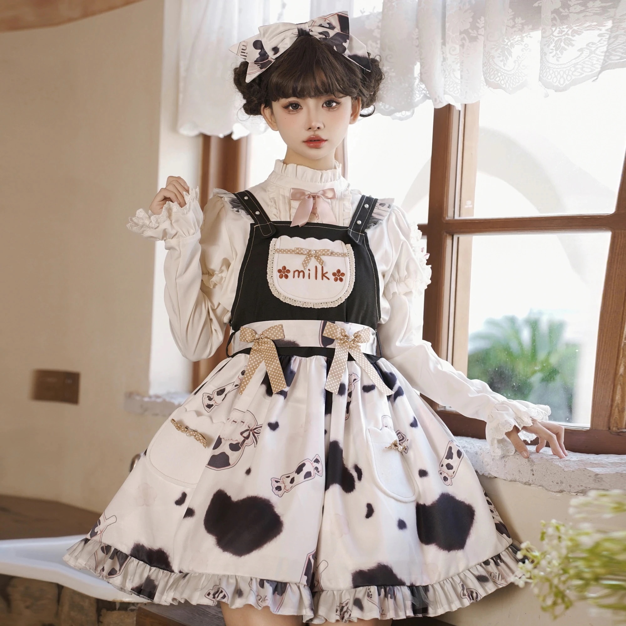 スウィートミルクキャンディロリータスカート カウロリータドレス ハイウエストサスペンダースカート