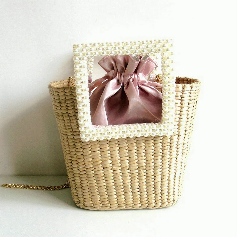 ニューニュースタイル スクエアパールハンドル 編みバッグ ファッシ