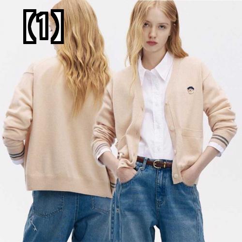 ニット レディース セーター くま 刺繍 かわいい 秋冬 トップス ファッション おしゃれ Vネック カーディガン カーキ グレー 水色 ワンポイント