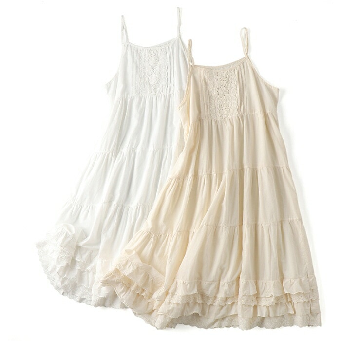 ワンピース 森ガール 春 夏 ペチワンピース ロング キャミソールワンピース インナー レディース 新作 タンクトップワンピース キャミワンピ 可愛い 刺繍 フリル コットン100% 綿100