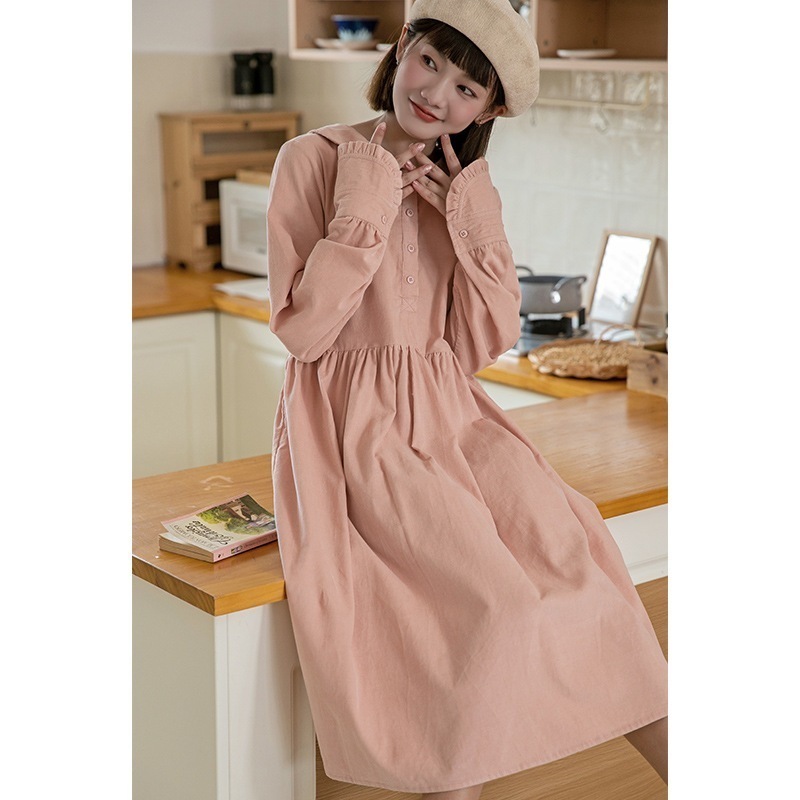 Huangzheng 日本のかわいい人形襟ドレス女性のための秋の新デザイン長袖小柄ミドル丈スカート