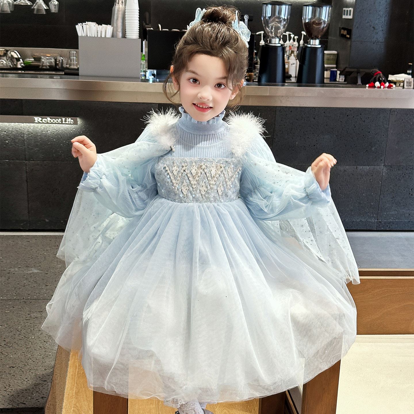 エルサの王女スカート冬服の女の子エルサのワンピースアナと雪の女王の女の子の秋冬スカートの子供の誕生日ドレス
