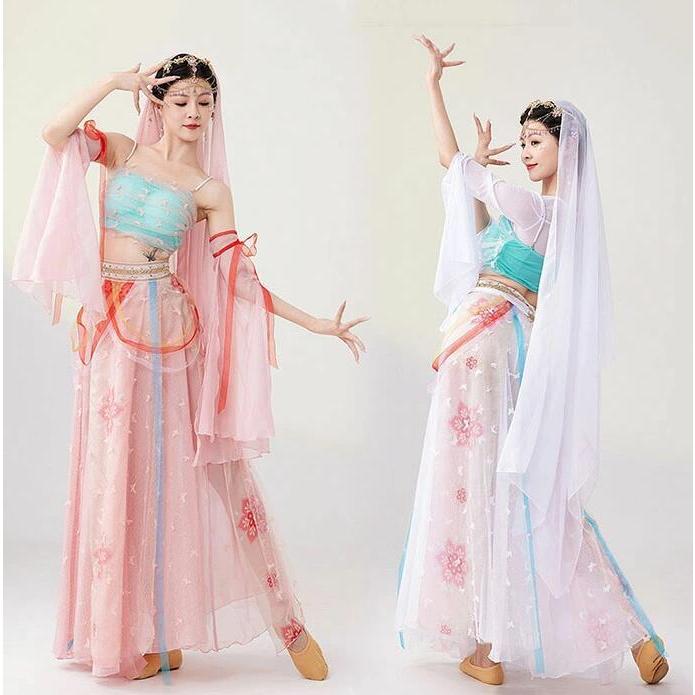 古典舞踊ダンス衣装 セットアップ 古典ダンストップス ブトップ ロングスカート 蝶々 リボン 中華風 飄逸 アラビアン衣装 レディース エスニック 民族 ベ20%off