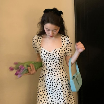 ワンピース デート ミモレ ミモレ丈 袖あり 半袖 夏 10代 20代 30代 レディース 女性用 個性的 ホワイト ドット柄 水玉 こなれ感 エレガント S M 膝丈 女子会 イベント パーティー 5,382円