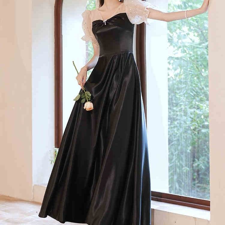 期間限定ロング ドレス パーティードレス 個性的 黒 袖あり 半袖 バイカラー かわいい 結婚式 二次会 お呼ばれ フォーマル 演奏会 ピアノ 発表会 ドレス パフスリーブ シフォン ブラウス風 キャ