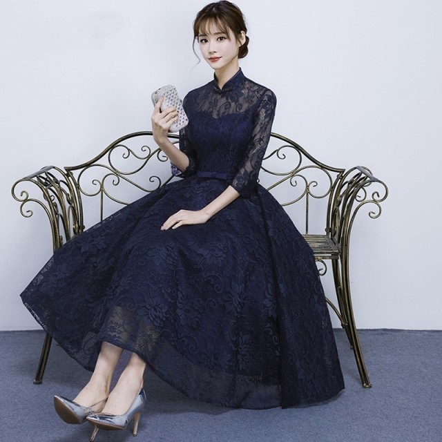 1460. レースシースルー袖ロングドレス（ネイビー） パーティ 結婚式 ドレス 二次会 発表会 2019 春夏 sale 演奏会