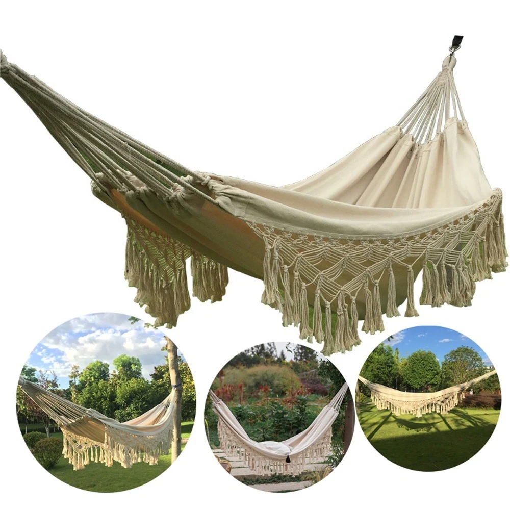 高品質 100%コットン アウトドア ハンモック ハンド編みマクラメ タッセル ハンモック 耐荷重200kg 5,346円