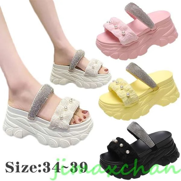 新生活 厚底 スリッパ サンダル パール サンダル レディース 疲れない キラキラ サンダル ビジューサンダル パールサンダル 7cmヒール 韓国 疲れない