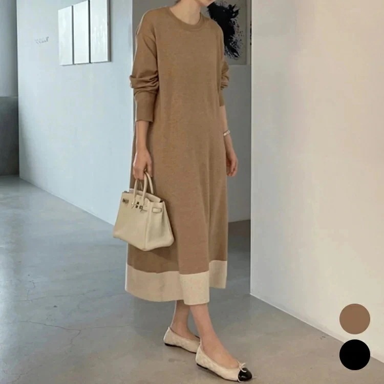 ニットワンピースレディース長袖切替ニットワンピースロングワンピースマキシワンピース膝丈マタニティゆったり無地インナーAラインセーターワンピース30%までに制限