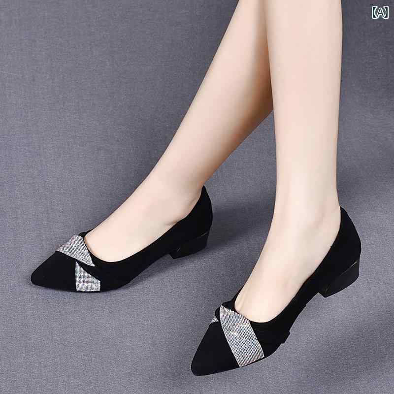 パンプス フラット シューズ レディース 春 シングル ソフトレザー ポインテッドトゥ ヌバック 春秋 ミッド ヒール 革 婦人靴 ブラック