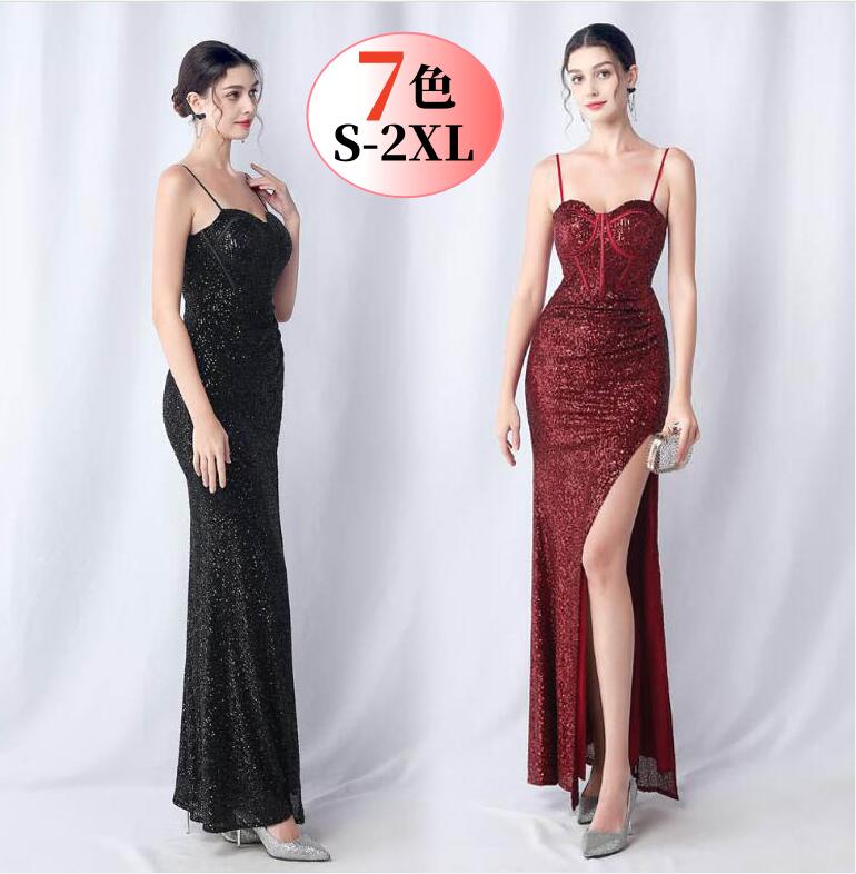 キャミソール ワンピース スパンコール衣装 キラキラ ワンピース ドレス 披露宴 二次会 キャバドレス ロングドレス タイトワンピース スリット入り 無地 イブニングドレス お花嫁 パーティードレス