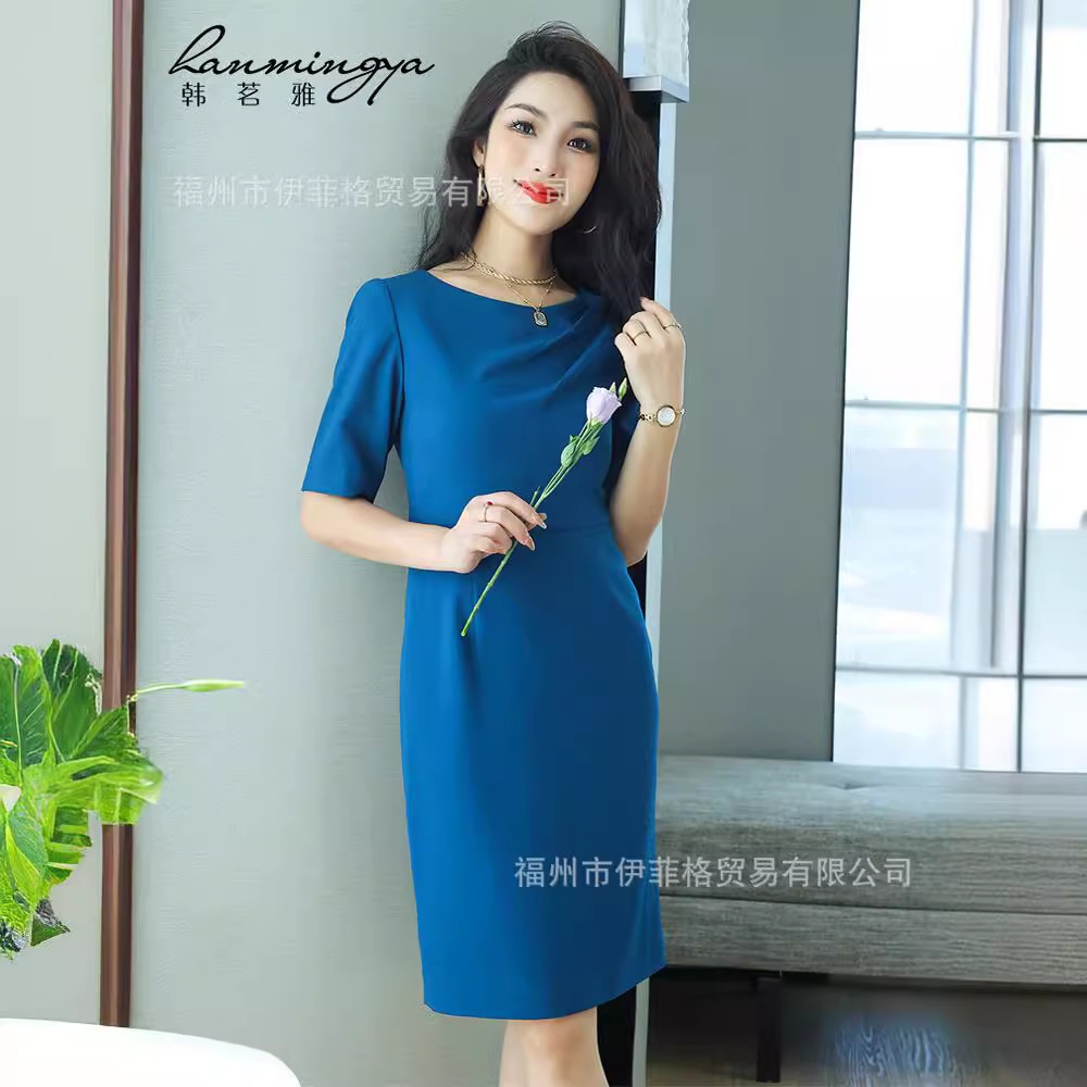 女性用ハイエンドプロフェッショナルドレスピーコックブルー夏薄手ミッドスリーブ職場フォーマルオケージョンホストスカートオーバーオール