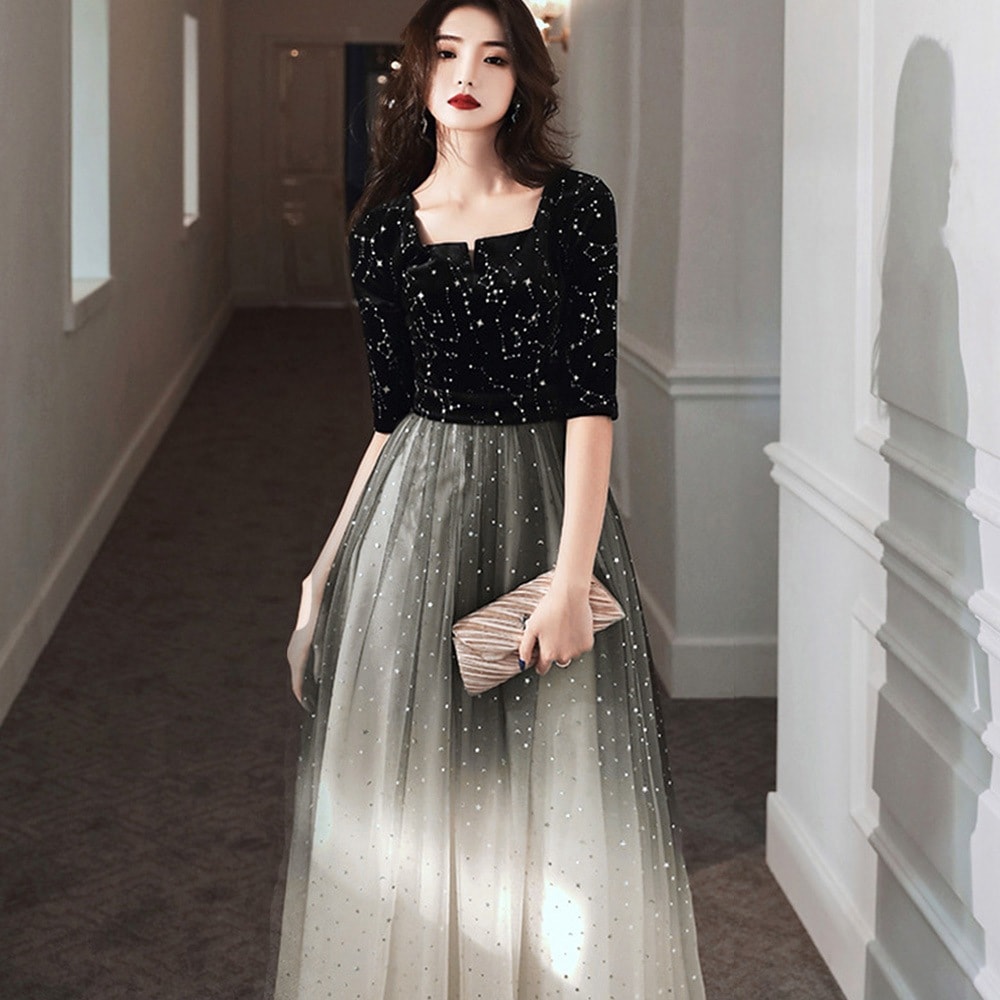 国内即納 グラデーションパーティードレス ロング丈