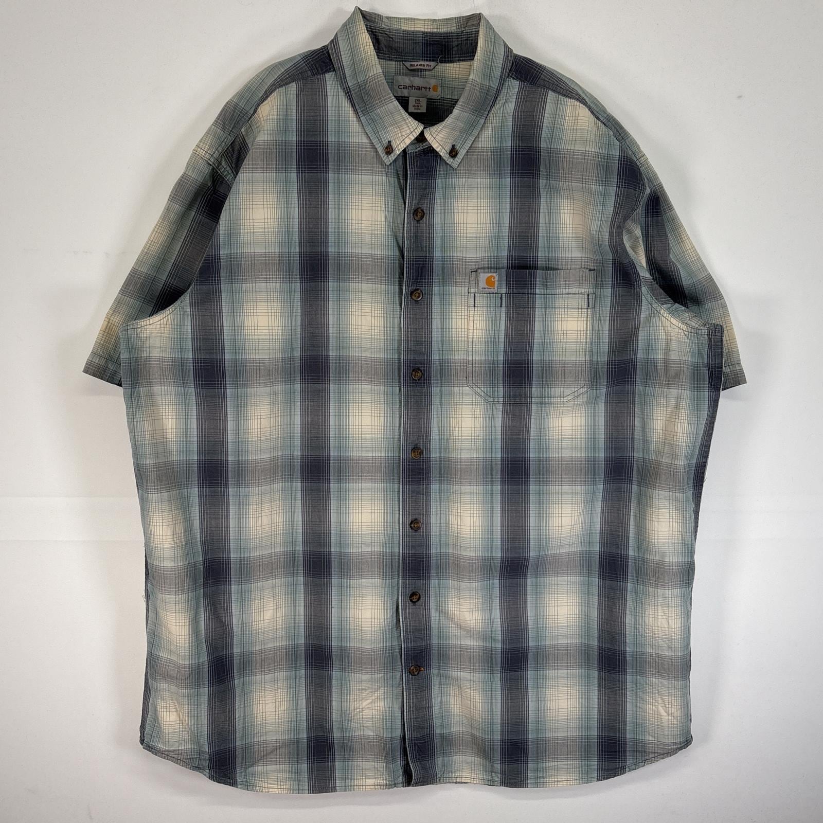 古着 半袖シャツ オンブレチェック 大きいサイズ ワンポイント ロゴ 2XL TALL 水色系 マルチカラー メンズ