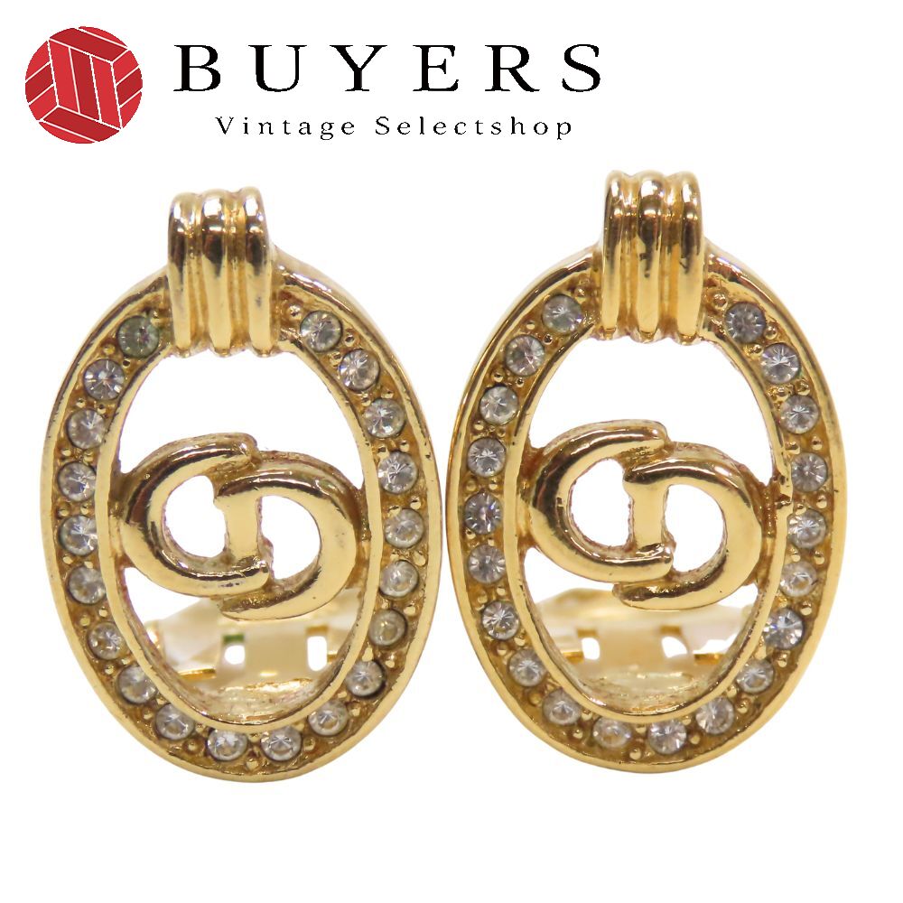 中古 イヤリング CDロゴ メタル ラインストーン ゴールド メッキ GP アクセサリー レディース 女性