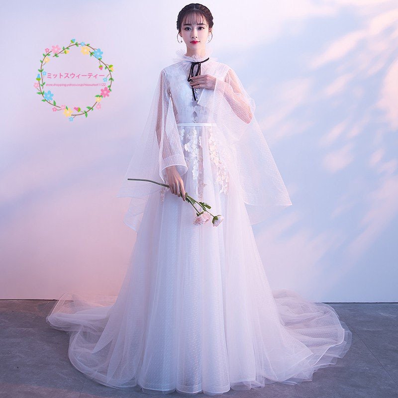 ウエディングドレス 長袖 花嫁 ロングドレス 結婚式 白 ワンピース 二次会 パーティードレス aラ