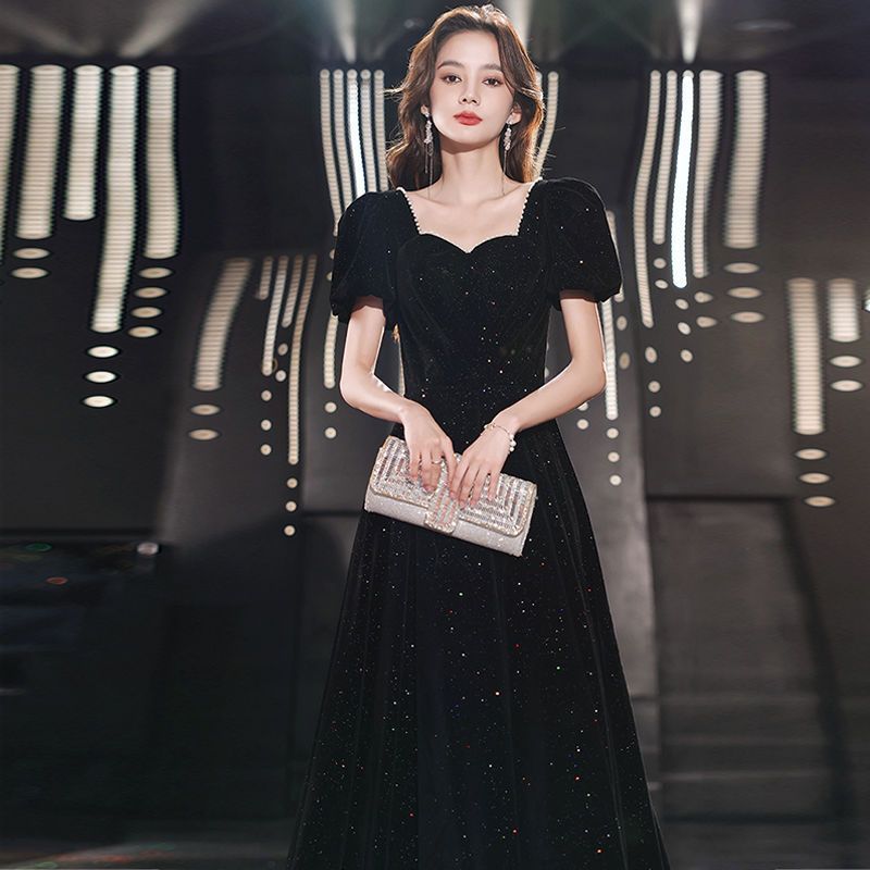 【2枚購入で 3oo円OFF！】黒いドレス女性2025気質誕生日ディナーホストスリムドレスロングドレス