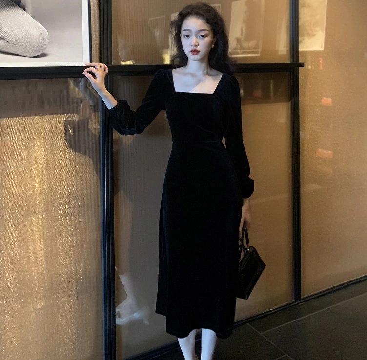 ワンピース ロング マキシ 長袖 パフスリーブ スクエアネック かわいい 大人可愛い きれいめ シンプル 上品 無地 春 秋 デート お出かけ 旅行 韓国 モテ 体型カバー S L 黒