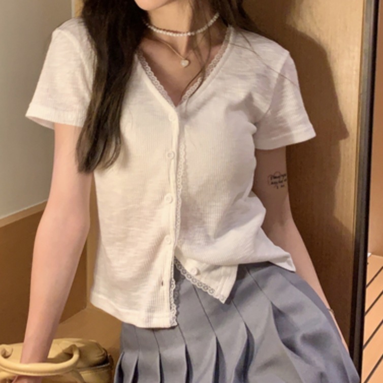 トップス デート カットソー かわいい 大人可愛い きれいめ シンプル カジュアル 大人 上品 Vネック レース タイト 薄手 前開き ホワイト Vネック 春夏 休日 ホワイト 無地 韓国 コーデ