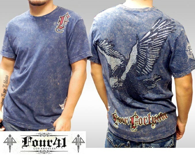 Four41 Los Angeles フォーフォーティーワン メンズ ラインストーン Tシャツ イーグル ネイビー k-70 スワロフスキー インポート セレブ ブランド ストリート LAセレブ セレ