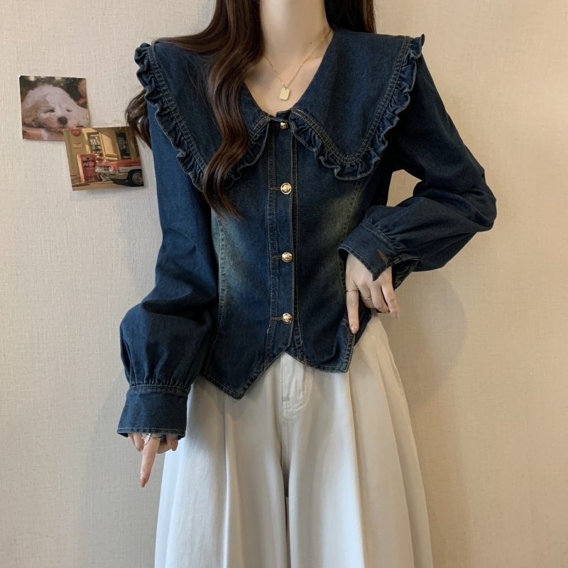 レディース トップス シャツ デニムシャツ 長袖 フリルジャケット アウター シャツ 大きいサイズ きれいめ カジュアル 大人 おしゃれ 春 秋 冬 デート お出かけ 休日 旅行 普段使い 重ね着