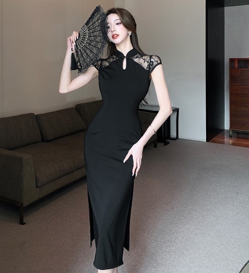 ドレス ワンピース ミモレ丈ドレス イブニングドレス ブラックドレス ワンピドレス チャイナドレス 膝下 半袖 レース サイドスリット 透け感 きれいめ シンプル 大人 上品 おしゃれ お洒落 クール 5,072円