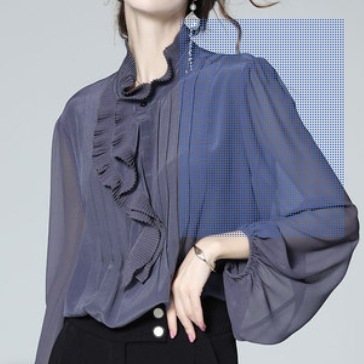 大人フリルブラウス トップス シャツ ブラウス 長袖 ラウンドネック シフォン フリル 大人可愛い